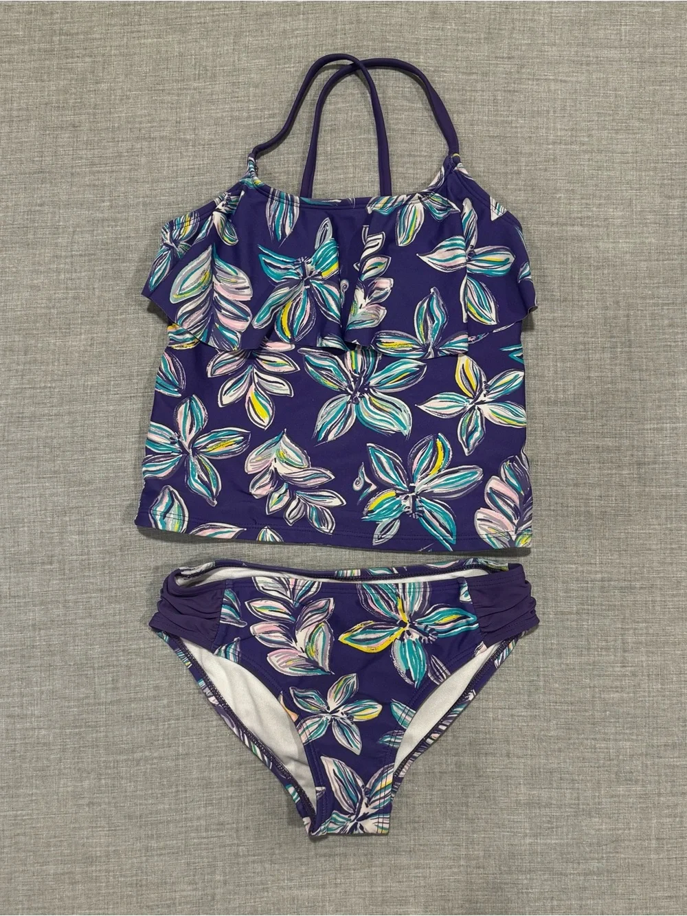 Girls Size 8 Purple Floral Ruffle Tankini 2-Piece Swimsuit Swim Set Beach Pool